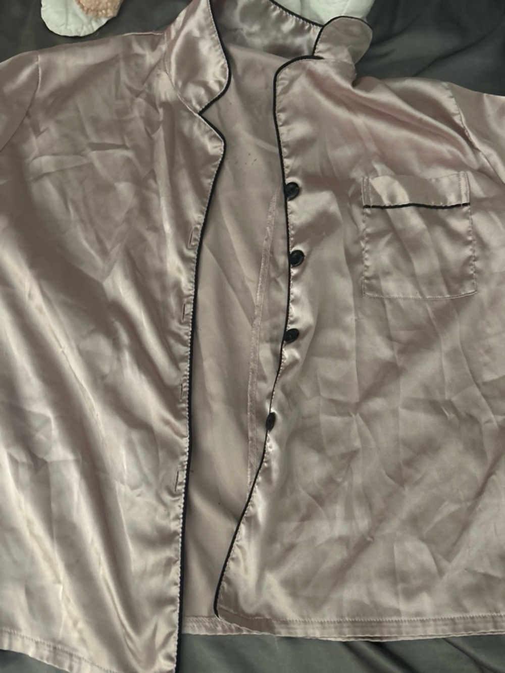 SHEIN Satin Pajama Top in Light Taupe with Black Piping